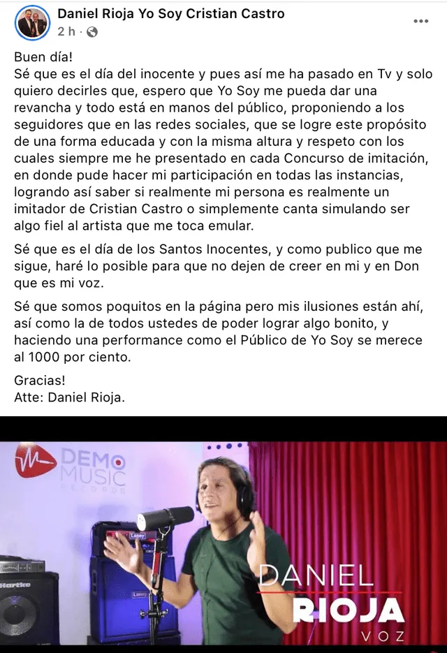 "Haré lo posible para que no dejen de creer en mi", escribió 'Cristian Castro' a sus seguidores. Foto: Captura / Facebook