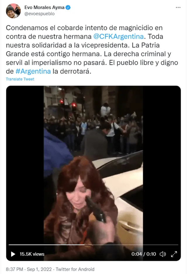 Evo Morales condenó el atentado contra Cristina Kirchner. Foto: @evoespueblo / Twitter