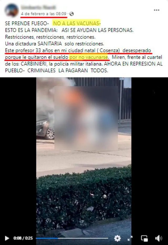 Posteo en el que se comparte el preciso momento en el que el profesor italianao se prende fuego. FOTO: Captura de Facebook.