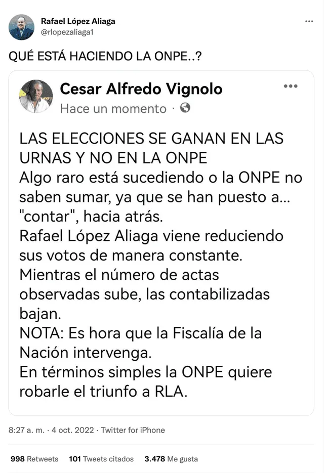 Captura de pantalla del retweet de Rafael López Aliaga