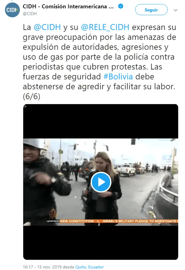 CIDH sobre represión a periodistas en Bolivia. Foto: Captura de Twitter