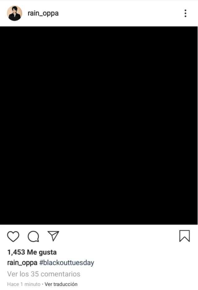 Post de Instagram de Bi Rain, actor y cantante, a favor del movimiento #BlackOutTuesday. 2 de junio, 2020.