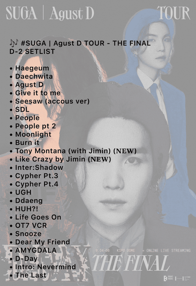  Setlist día 2 del concierto final de Suga. Foto: Twitter/_BTSMoments_   