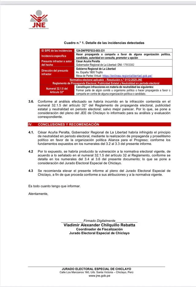 Conclusión del informe del JEE. Foto: X   