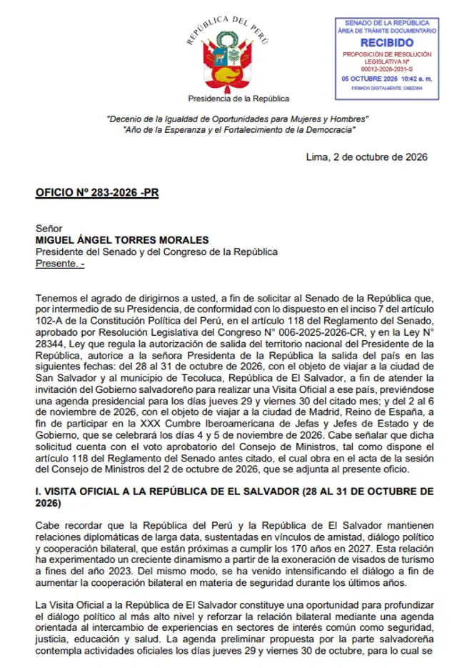 Keiko Fujimori solicita al Senado autorización para viajar a El Salvador y España en octubre y noviembre Keiko Fujimori solicita al Senado autorización para viajar a El Salvador y España en octubre y noviembre