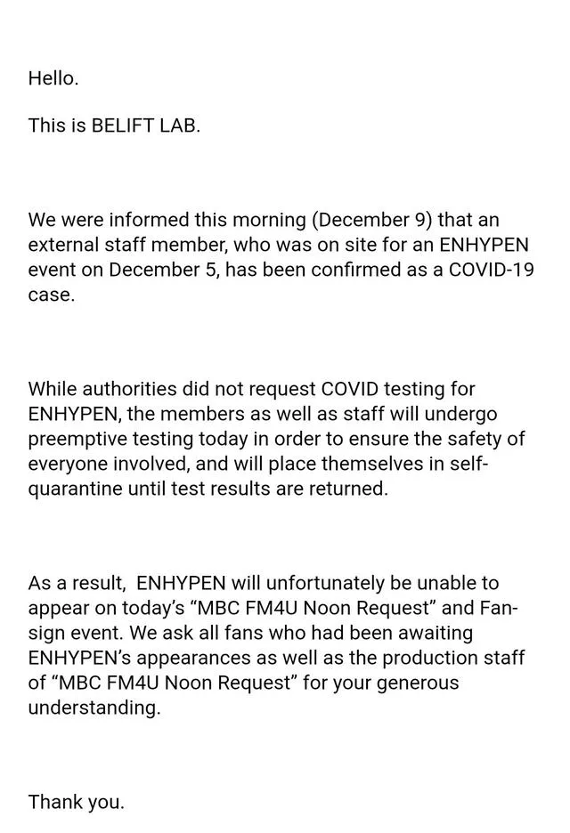 Comunicado de la agencia de ENHYPEN tras positivo de un personal externo. Foto: Weverse