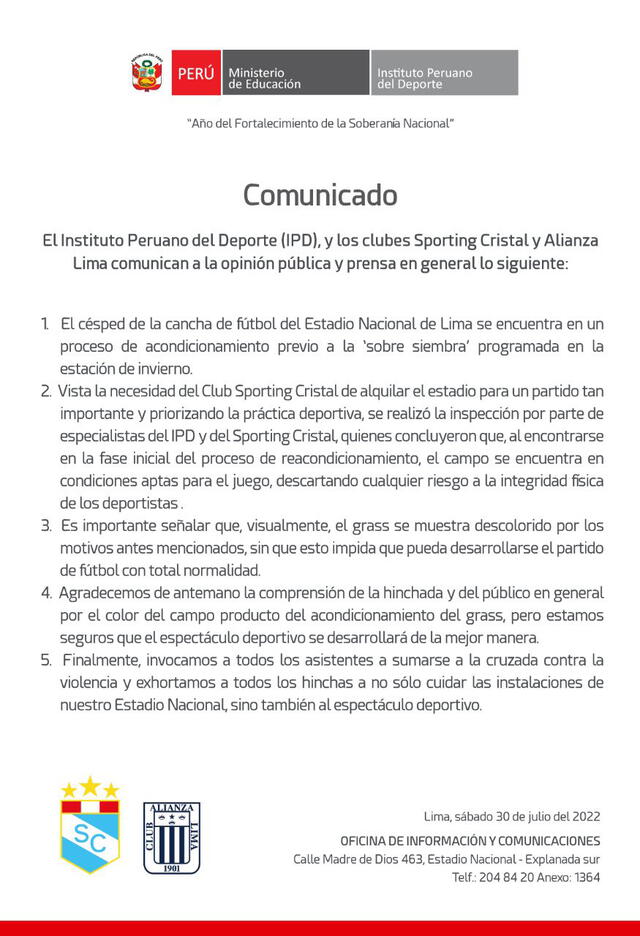 Comunicado conjunto del IPD, Sporting Cristal y Alianza Lima. Foto: Minedu