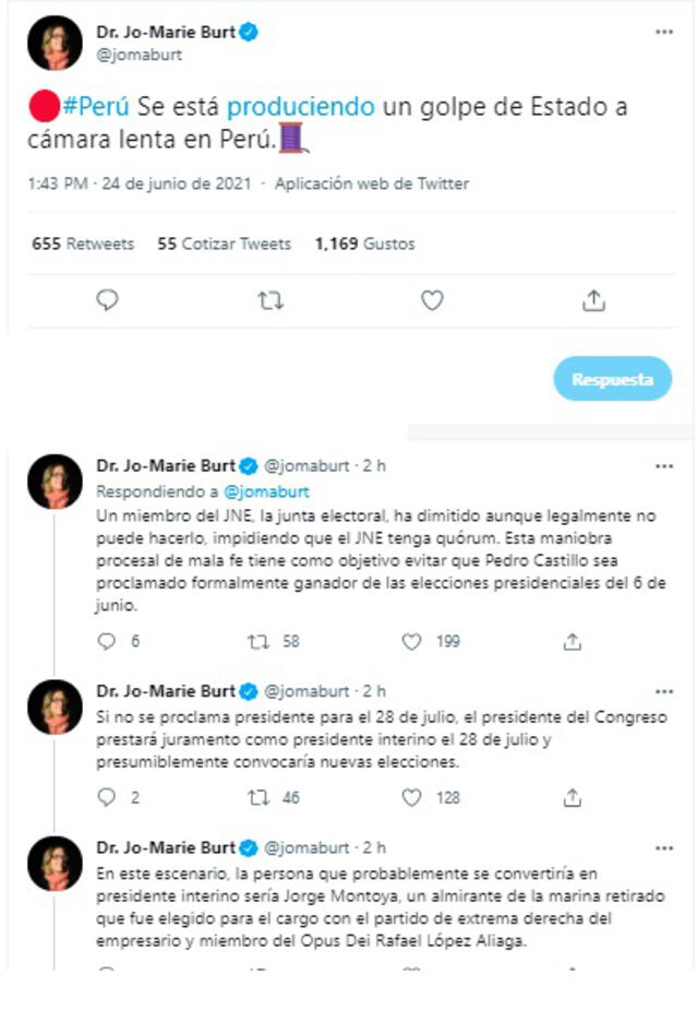 Tuits de Jo-Marie Burt, especialista en asuntos del Perú, es asesora principal de WOLA.