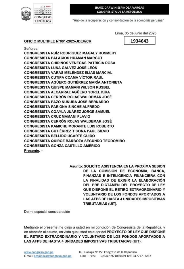 Darwin Espinoza Vargas publicó el oficio a través de Facebook Darwin Espinoza Vargas publicó el oficio a través de Facebook