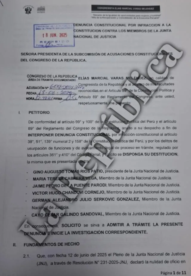 Congresista Elías Varas presentó denuncia constitucional contra la JNJ. Congresista Elías Varas presentó denuncia constitucional contra la JNJ.