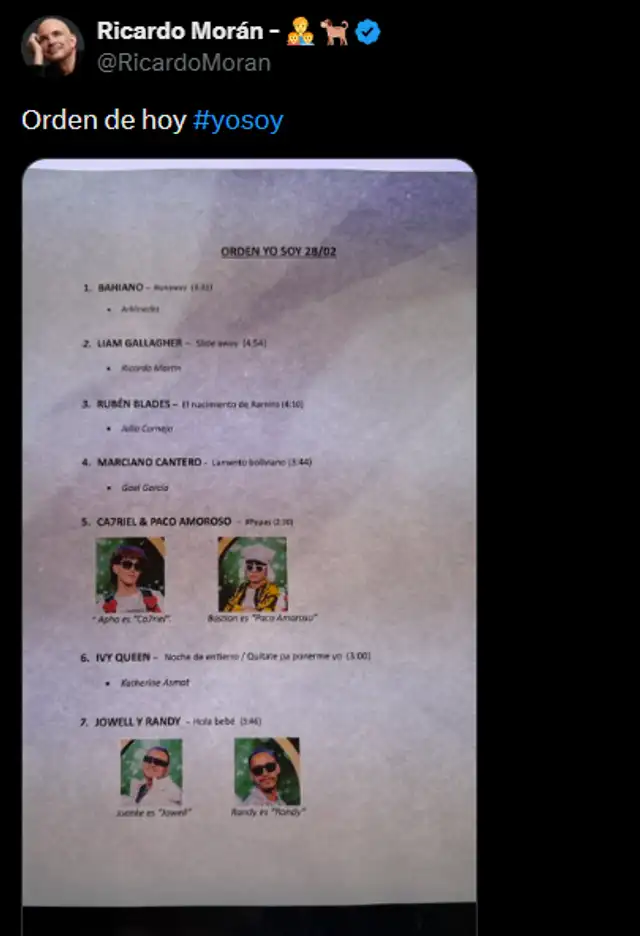  Ricardo Morán sorprende con lista de 'Yo soy' en la que aparecen Jowell y Randy. Foto: captura X 