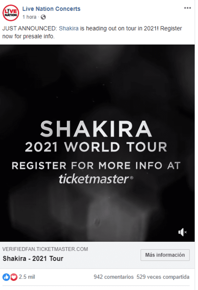 Shakira anuncia gira mundial para el 2021
