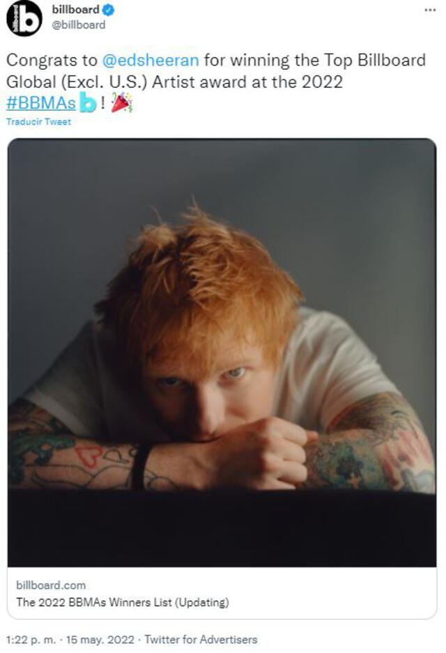 Ed Sheeran gana a BTS en los BBMAs 2022. Foto: Twitter