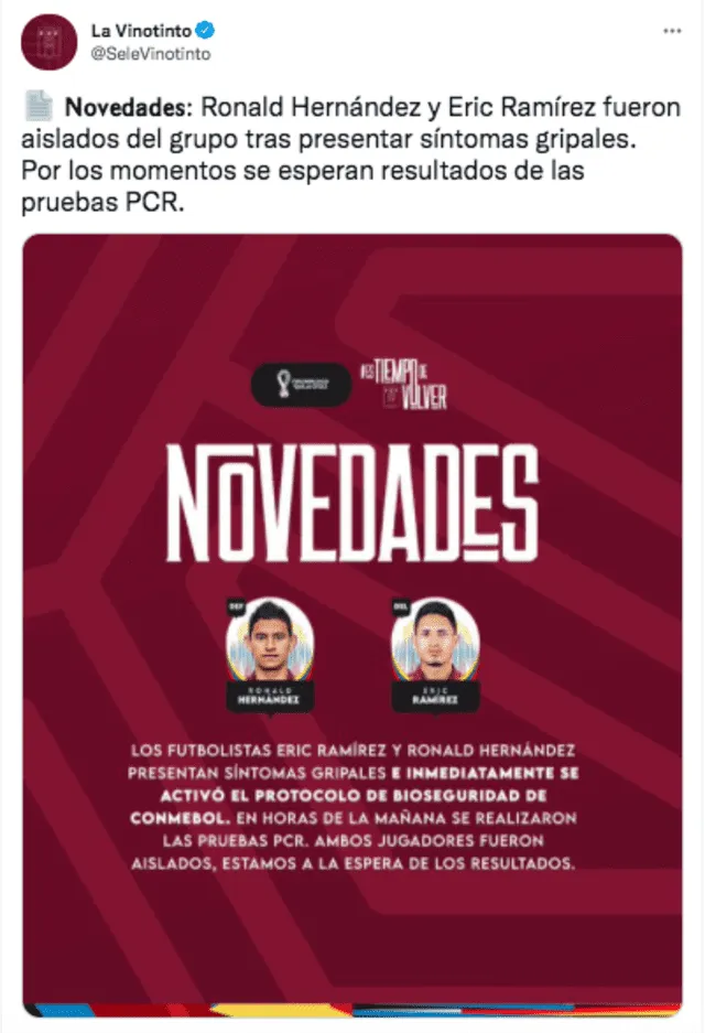 La selección venezolana visitará a Paraguay este jueves 9 de setiembre por las Eliminatorias Qatar 2022. Foto: captura twiitter @SeleVinotinto