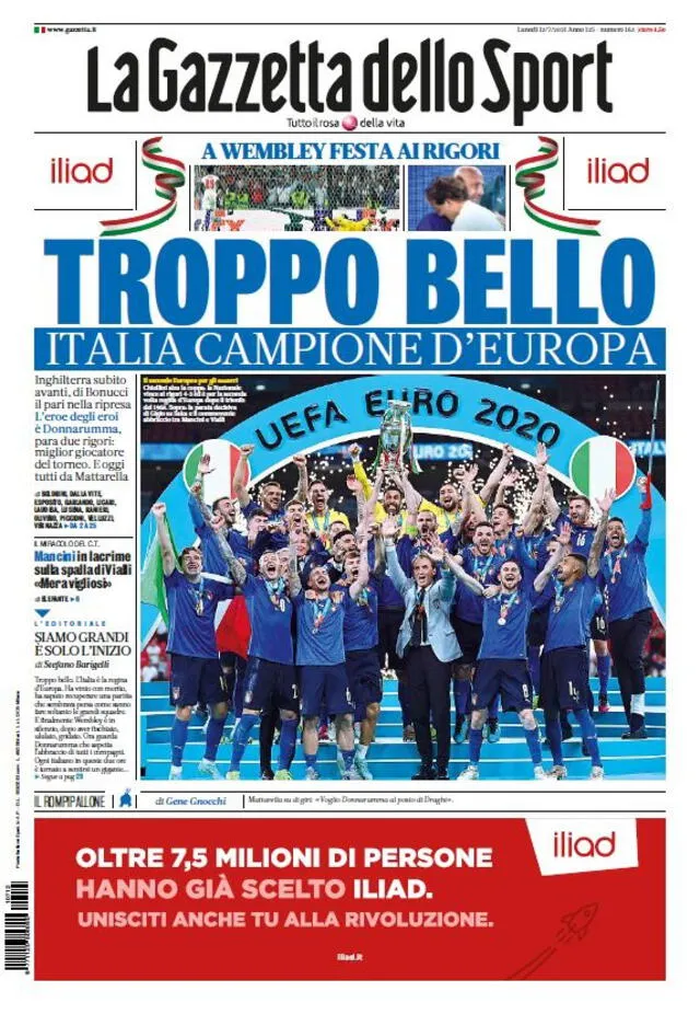 El informa de La Gazzetta Dello Sport sobre el título de Italia en la Eurocopa. Foto: difusión
