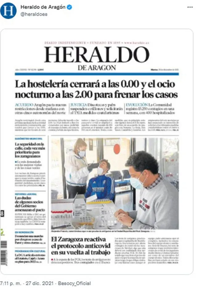 Portada real. Foto: captura en Twitter / Heraldo de Aragón.