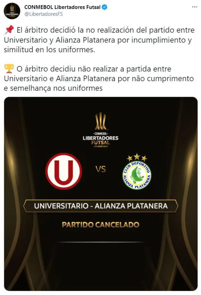 Tuit oficial sobre lo ocurrido en el duelo entre Universitario y lianza Platanera