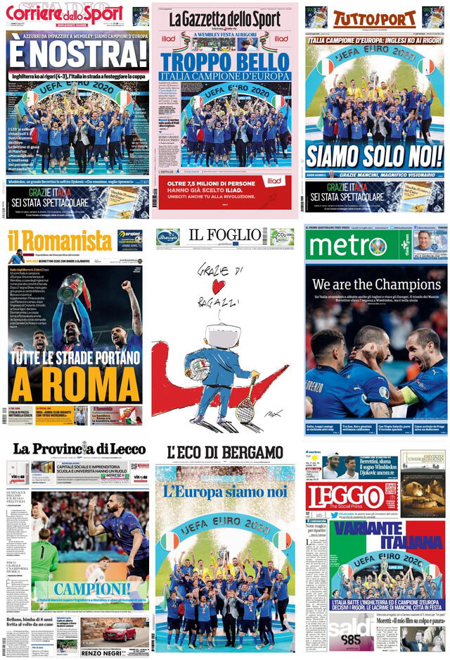 Portadas de la prensa italiana luego del triunfo de la 'Nazionale' en la Eurocopa. Foto: difusión