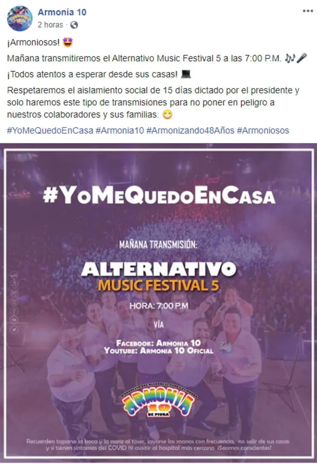 Armonía 10 anuncia concierto en Facebook