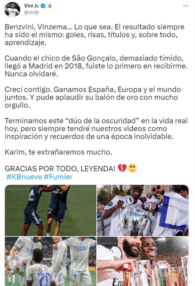 El mensaje de despedida de Vinícius Junior a Benzema. Foto: captura Twitter   