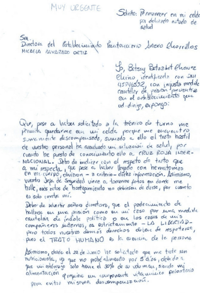 Carta de Betssy Chávez. Foto: difusión   