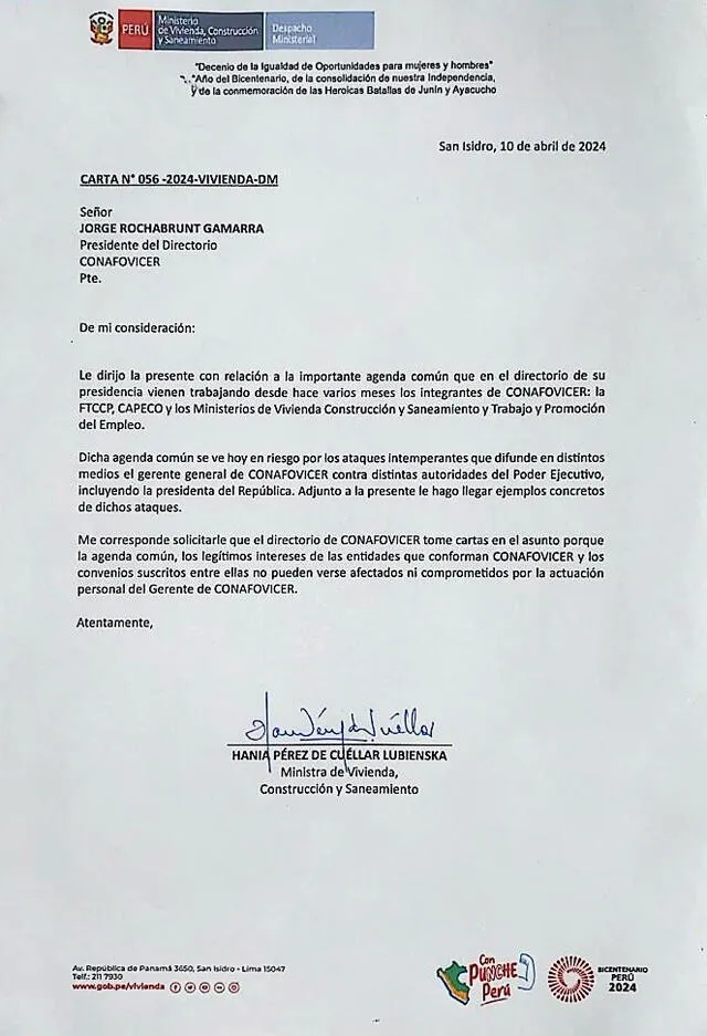 Misiva fue enviada este último 10 de abril al presidente del Directorio de Conafovicer, Jorge Rochabrunt. Foto: Difusión.    