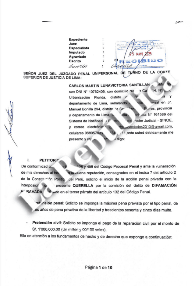Querella impuesta por Carlos Lunavictoria, sereno de la Municipalidad de Lima, en contra del exministro del Interior, Juan José Santiváñez. Querella impuesta por Carlos Lunavictoria, sereno de la Municipalidad de Lima, en contra del exministro del Interior, Juan José Santiváñez.
