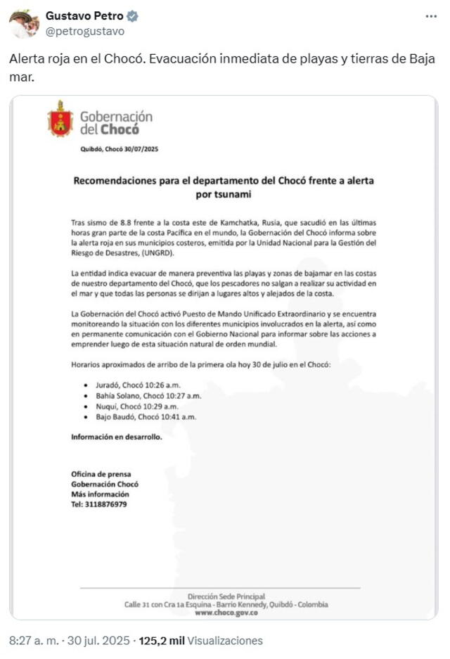  Gustavo Petro compartió recomendaciones para la ciudadanía ante alerta de tsunami. Foto: captura de pantalla 