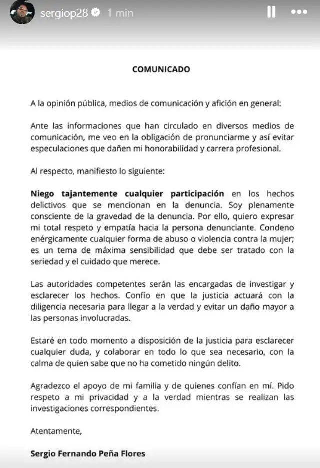 Comunicado de Sergio Peña. Foto: Instagram   