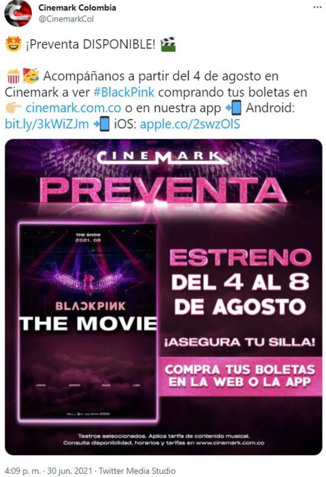 BLACKPINK The Movie en Cinemark Colombia. Foto: Twitter