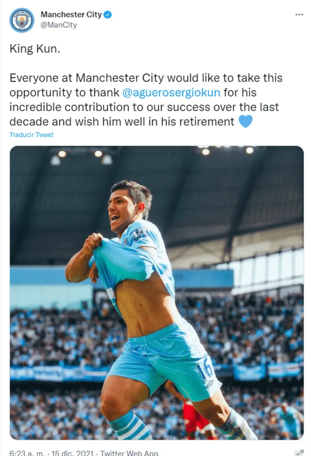 El mensaje de agradecimiento del Manchester City al 'Kun' Agüero. Foto: captura Twitter Manchester City