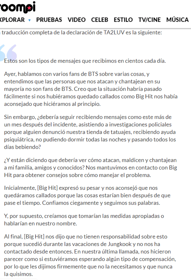 Pronunciamiento sobre rumor de Jungkook de BTS y una tatuadora