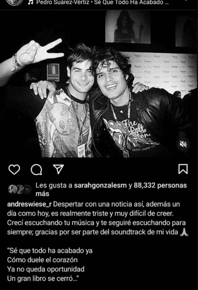 Publicación de Andrés Wiese lamentando la muerte de Pedro Suárez - Vértiz. Foto: Instagram    