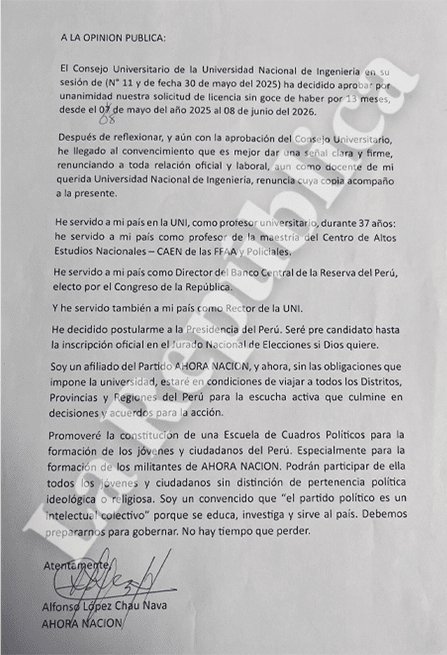 Renuncia oficial de Alfonso López Chau a la UNI. Foto: La República   
