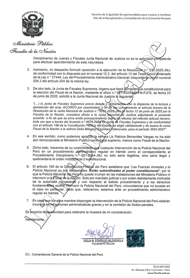 Delia Espinoza envía oficio al ministro del Interior Delia Espinoza envía oficio al ministro del Interior