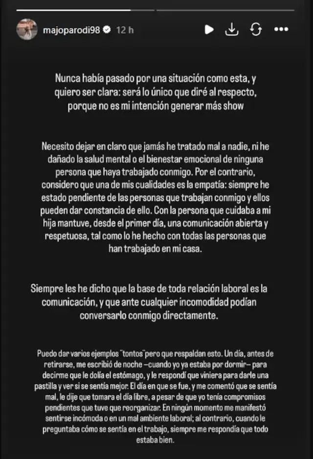 Comunicado de Majo Parodi defendiendose de acusaciones. Foto: Instagram.  