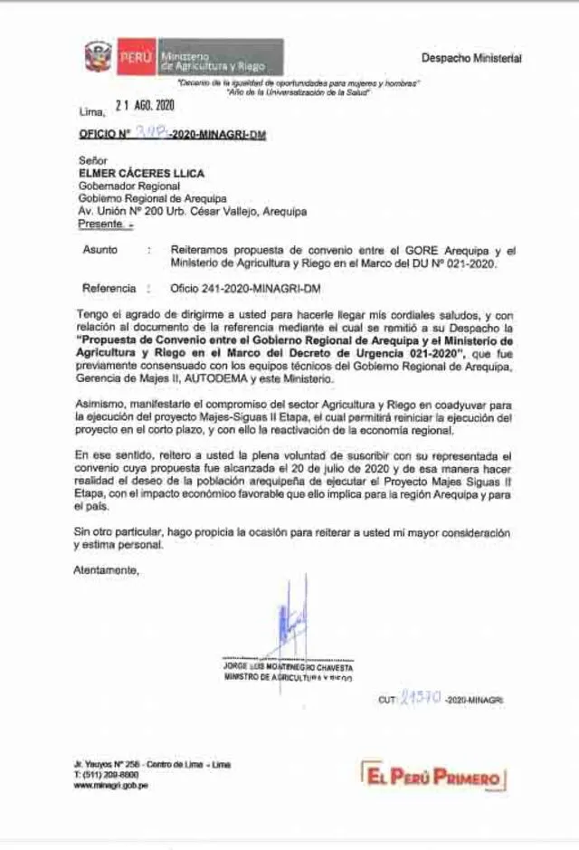 Carta de ministro de Agricultura, Jorge Montenegro..