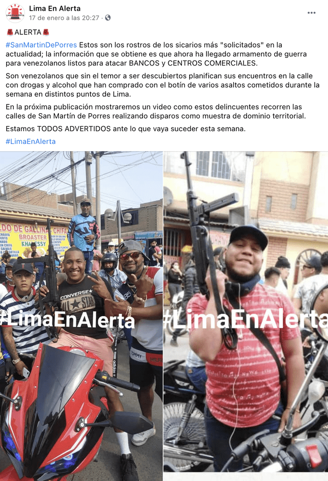 Publicación adjunta dos fotografías para indicar que son los "sicarios más buscados" de Lima. Foto: captura en Facebook