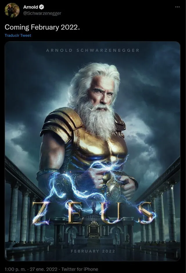 Tuit de Arnold Schwarzenegger como Zeus. Foto: Twitter