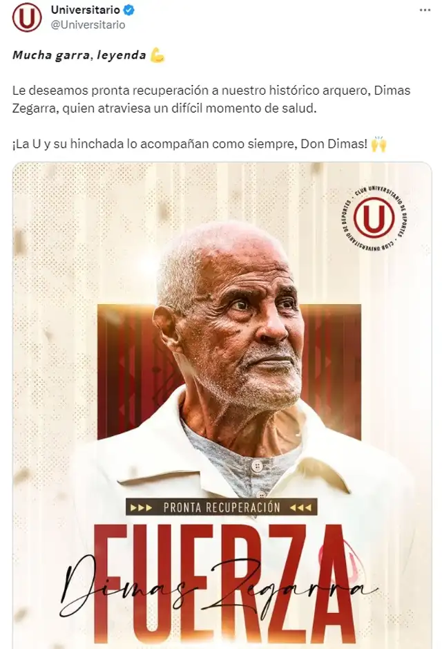  Mensaje del club crema para Dimas Zegarra. Foto: captura de @Universitario/Twitter   