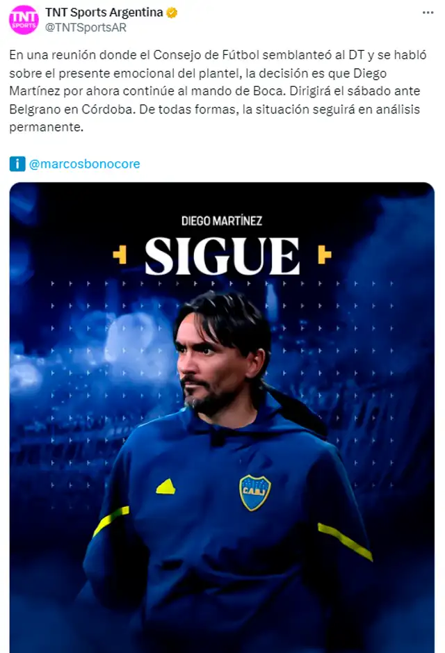 Diego Martínez fue ratificado en Boca Juniors. Foto: TNT Sports Argentina Diego Martínez fue ratificado en Boca Juniors. Foto: TNT Sports Argentina