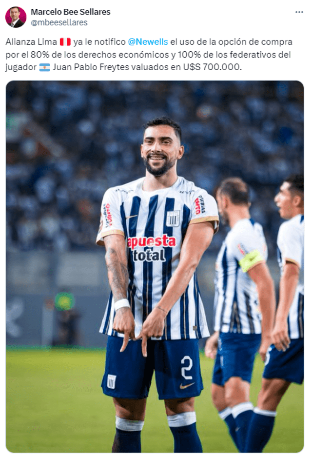  Detalles de la compra de Juan Pablo Freytes por parte de Alianza Lima. Foto: Twitter/Marcelo Bee Sellares   