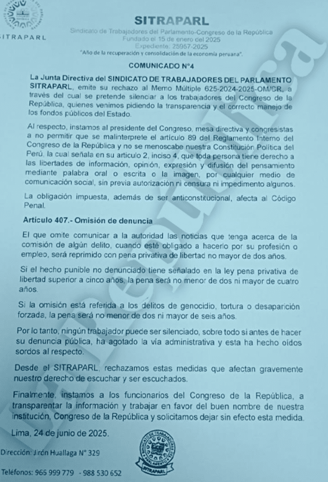 Sindicato de Trabajadores del Parlamento rechazan mala interpretación del artículo 89. Foto: La República Sindicato de Trabajadores del Parlamento rechazan mala interpretación del artículo 89. Foto: La República