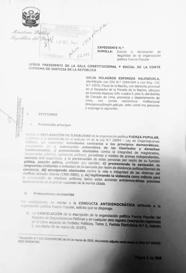  Delia Espinoza solicita a la Corte Suprema declarar ilegal a la agrupación política. Foto: difusión   