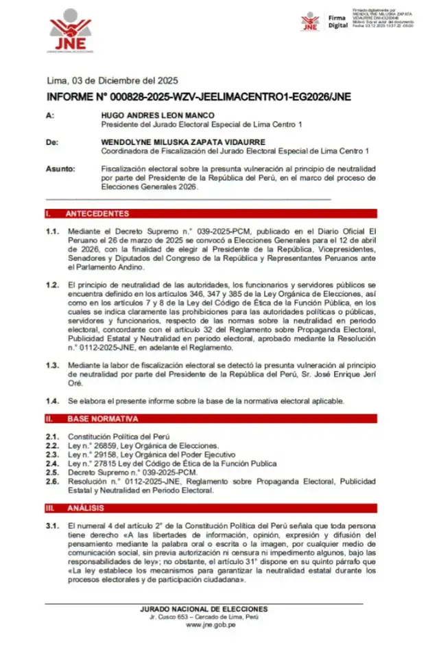 El JEE Lima Centro 1 abrió una investigación contra Jerí por presunta infracción a la neutralidad política. Foto: difusión