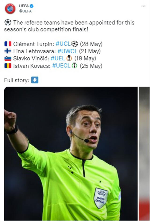 UEFA anunció a los árbitros de las diferentes competiciones. Foto: captura Twitter