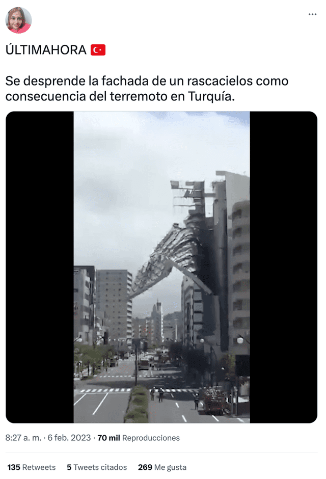 <br>Video viral sobre supuesto edificio que se derrumbó luego del terremoto en Turquía. Foto: captura LR/Facebook.   