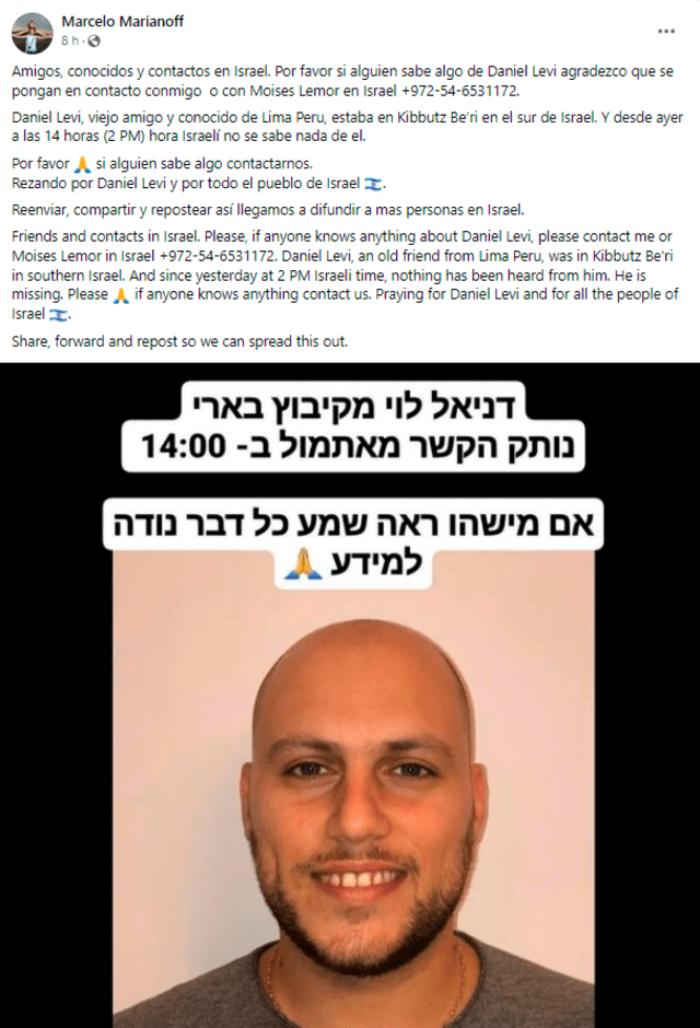  Médico Daniel Levi se encuentra desaparecido en Israel tras ataques de Hamás. Foto: Marcelo Marianoff/Facebook    