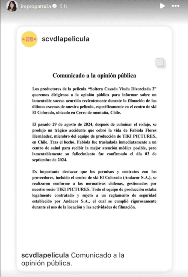 Patricia Portocarrero fue la última en compartir el comunicado. Foto: Instagram.   