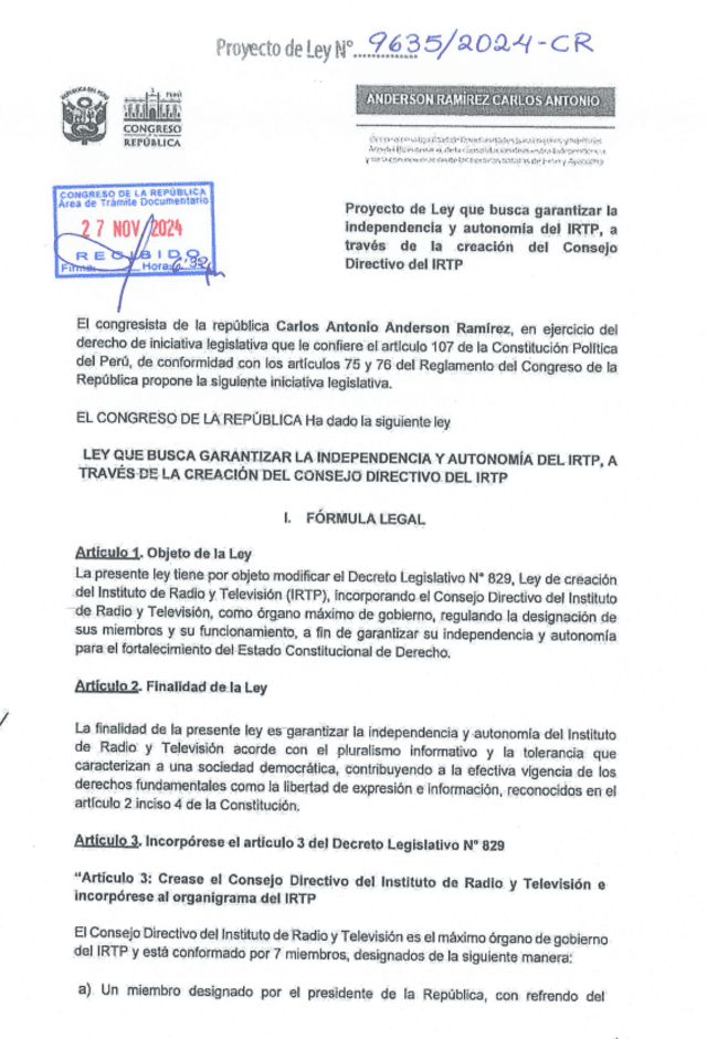 Proyecto de ley que busca ampliar el número de miembros del Consejo Directivo del IRTP. Foto: Congreso de la República   